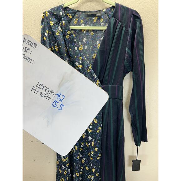 Halogen Nordstrom Floral Midi Plaid Mixed Media Dress Long Sleeve Sz 6 Boho - Picture 3 of 4